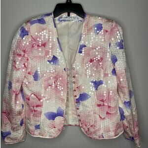 Vintage Ann Crimms Y2K Floral Sequin Button Front Womens Blazer Size 10